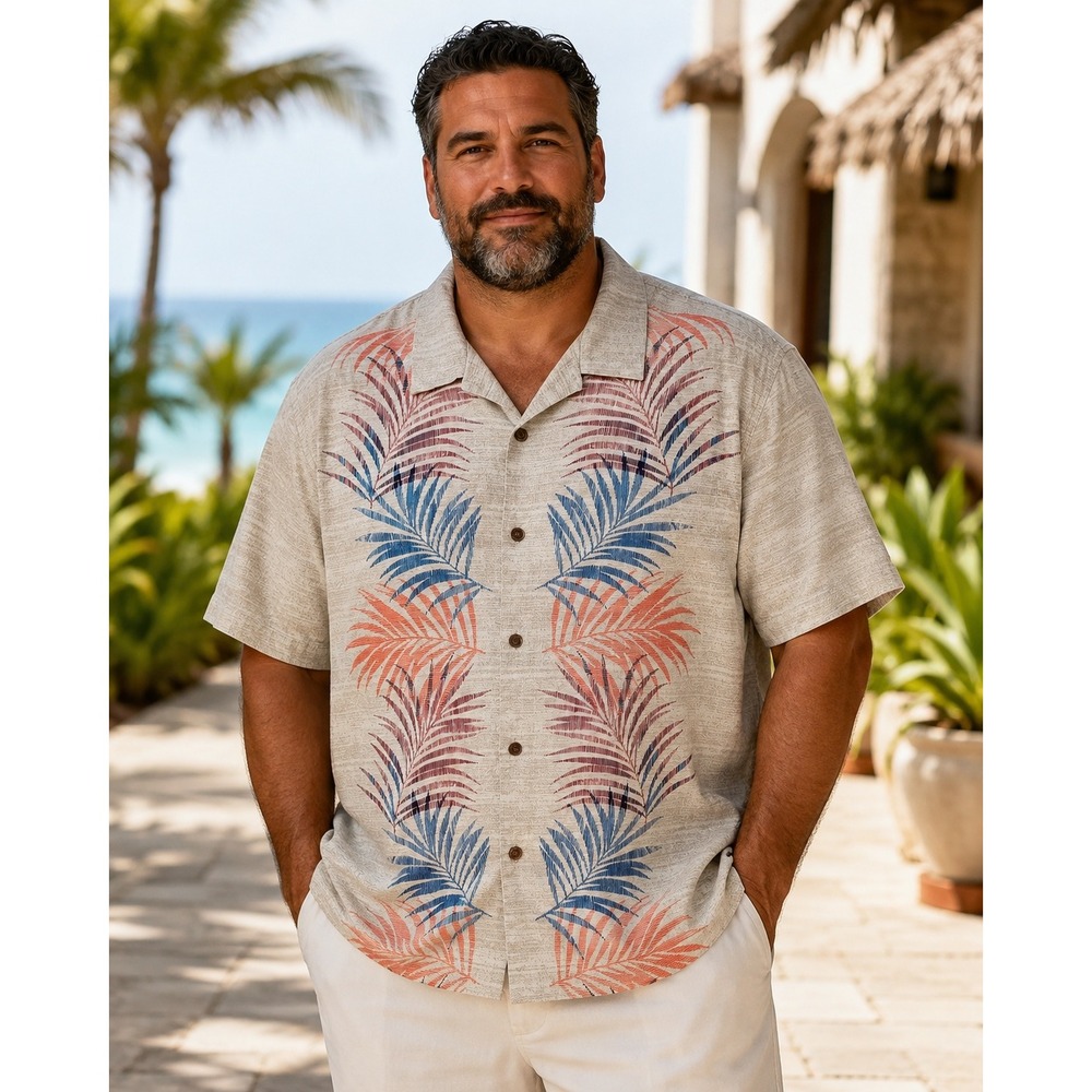 Tommy Bahama Camp Shirt Men XL Beige Silk Tropical Palm Leaf Short Sleeve Button